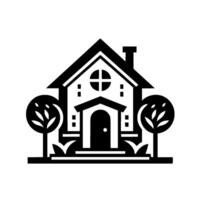 A minimalist black and white illustration of a house with a gabled roof, round window, and a door, flanked by circular trees on a white background. vector