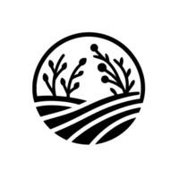 Minimalist Circle Silhouette of Crops in Rolling Hills with Plantlife, Emblematic and Symbolic. vector