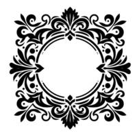 Ornate Black and White Frame A symmetrical featuring a central circular void surrounded by intricate floral and scrollwork patterns, ideal for elegant elements. vector