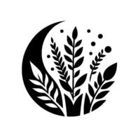 Elegant Black and White Botanical Composition Featuring a Crescent Moon, Various Leafy Sprigs, and Circular Accents on a Clean White Canvas. vector