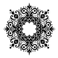 Symmetrical, elegant black and white ornamental mandala featuring floral and swirling elements surrounding a central white space within a decorative border. vector