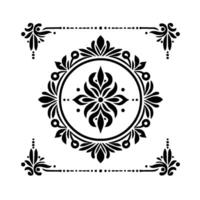 Intricate Black and White Ornamental Featuring a Central Floral Motif Within a Circular Frame, Adorned with Corner Elements and Decorative Lines. vector