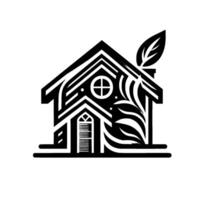 Geometric EcoHome Featuring Leafy , Black and White, Modern Architecture with Rounded Window Door. vector