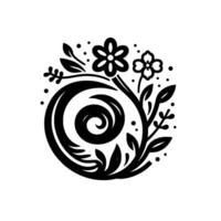 Monochromatic Floral Motif A stylized black and white botanical featuring spiraling elements, blossoming flowers, and delicate foliage against a clean white background. vector