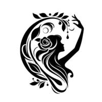 Elegant Silhouette of a Woman Adorned with Floral and Ornamental Elements, Reaching for Dewdrops in a Symmetrical Black and White Composition. vector