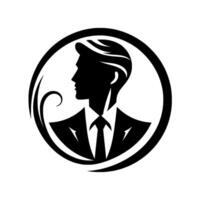 A sophisticated minimalist black and white depicting a man in a suit, his profile enclosed within a stylized circular frame, symbolizing professionalism. vector