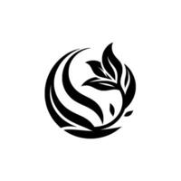 Intricate minimalist black and white floral emblem featuring stylized leaves and curved lines, creating a balanced and elegant within a circular frame. vector