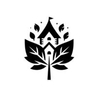 A monochrome minimalist featuring a stylized birdhouse and surrounding leaves, creating an artistic representation of nature and shelter, embodying harmony. vector