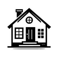 Minimalist Black and White Illustration of a Classic House with Geometric Windows, a Round Window and a Chimney on a Plain Background. vector
