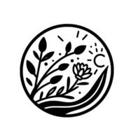 A stylized, monochromatic circular of a botanical scene with a flower, leaves, sun, and details, inside a black border. vector