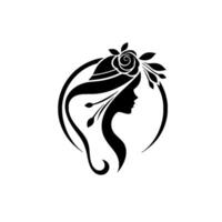 Elegant Silhouette of a Woman Adorned with a Floral Headdress, Enclosed within a Circular Frame, in Black and White. vector