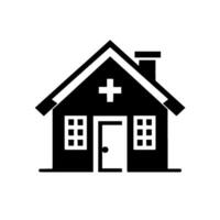Black and white illustration of a clinic with a cross symbol, windows, and a chimney, suggesting healthcare services and medical assistance. vector