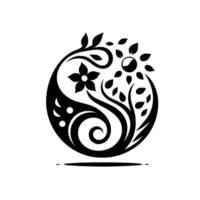 YinYang Style Black White Floral Emblem A Symbolic Balance of Nature with Flower, Sun, and Leaf Elements in an Orb Composition. vector