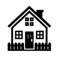 Simplistic Silhouette of a House Black and White depiction of a house with a picket fence, chimney, and windows, representing home ownership. vector