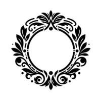 Elegant Black and White Ornamental Circular Frame Featuring Floral and Scrollwork Elements, Isolated on White, Perfect for . vector