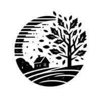 Whimsical Black and White Illustration of a Rural Scene House, Tree, and Wind in a Circular Composition. vector