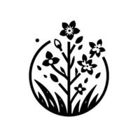 A minimalist, black and white illustration depicts a blooming tree with stylized flowers, grass, and leaves enclosed within a circular frame, set against a plain white background. vector