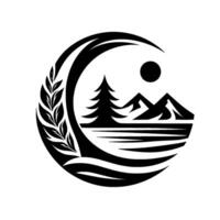 Monochromatic emblem featuring a crescent enclosing a pine tree, mountains, sun, water, and foliate branches. vector