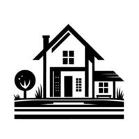 A monochromatic, stylized illustration of a house, featuring a gable roof, chimney, porch, tree, and minimalistic landscape against a backdrop of horizontal lines. vector
