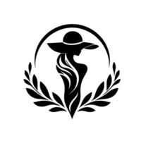 Elegant Silhouette of a Woman in a WideBrimmed Hat, Enclosed in a Laurel Wreath, Artistic Monochromatic . vector