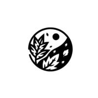 YinYang Symbol with Stylized Leaves, Sun, and Falling Petals, Representing Balance in Nature, Black White. vector