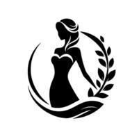 Elegant silhouette of a woman in a formal dress, encircled by a laurel wreath and organic shapes, set against a clean white background. vector