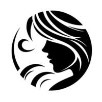 Elegant Silhouette A black and white minimalist featuring a womans profile, curved lines, and a crescent moon, evoking a sense of beauty and serenity. vector