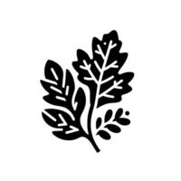 A minimalist botanical illustration showcasing a stylized black and white depiction of a parsley sprig, highlighting leaf detail on a stark white background. vector
