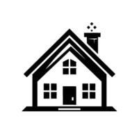 A minimalist black and white illustration of a traditional house with a gabled roof, chimney, windows, and front door, evoking a sense of simplicity and home. vector