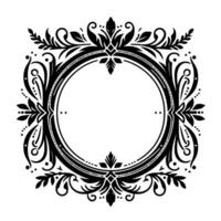 Elegant Black and White Floral Crest Ornate circular frame with intricate symmetrical foliage and flourishes, perfect for elegant branding. vector