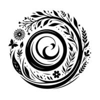 Intricate black and white circular , combining floral elements, a butterfly, and swirling lines, creating a balanced, elegant pattern. vector