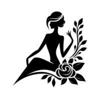 Elegant Silhouette A Graceful Woman Adorned with Floral Accents, a Black and White Artistic Composition. vector