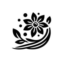 Elegant black floral with intricate petal and leaf details, accented by stylized bubbles, against a pristine white background, reminiscent of minimalist art. vector