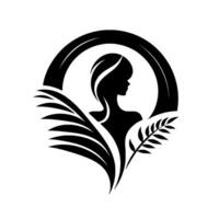 Elegant Silhouette of a Woman Framed by a Circle and Botanical Elements, Embodying Grace and Tranquility in a Monochromatic Composition. vector