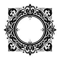 Ornate Black and White Frame Symmetrical Floral Border with Central Circle on Clean White Background. vector