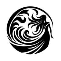 Silhouette of a graceful woman in an elegant gown, enveloped by swirling, stylized waves within a circular frame, showcasing a blend of nature and feminine grace. vector