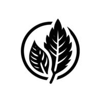 Minimalist black and white featuring two stylized leaves within a circular frame, representing nature and growth. vector