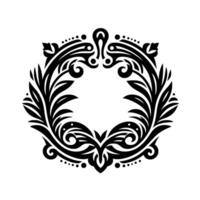 Symmetrical Black and White Floral Emblem A Stylized, Ornamental Wreath with Leafy and Curvilinear Elements. vector