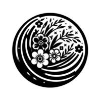 Intricate monochrome floral emblem, a symmetrical composed of stylized blossoms and foliage within a circular frame, evoking simplicity. vector