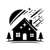 Celestial Home A stylized silhouette depicting a house under a starry night sky, with shooting stars and moon, framed by evergreen trees. vector