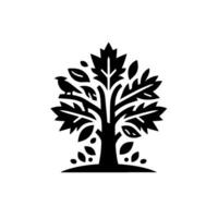 A minimalist black and white featuring a stylized tree with sharp leaf edges, a perched bird, and scattered leaf details, set against a clean white backdrop. vector