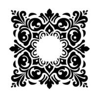 Symmetrical Black Floral with Circular Void A striking monochromatic square illustration featuring an ornate pattern of stylized leaves, swirls, and floral motifs, surrounding a negative space vector