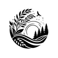 Circular Black and White Nature Illustration Birds, Trees, Leaves, and Mountains. Minimalist in a Round Composition. vector