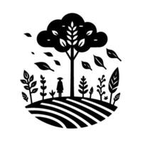 A minimalist black and white illustration within a circle, featuring a stylized tree, a figure, and various plants on a textured ground, with falling leaves suggesting a serene, natural scene. vector