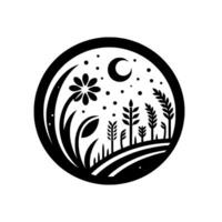 Elegant Silhouette Nighttime floral and wheat field scene within a circular frame, depicting a minimalist countryside under a crescent moon and stars. vector
