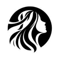 Silhouette of a womans profile with flowing hair framed within a black circle, minimalist and elegant. vector