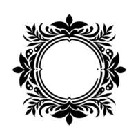 Ornate Black and White Floral Crest with Circular Frame and Decorative Leaf Elements, Evoking Classic Elegance. vector