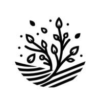 Minimalist black and white illustration a stylized tree sprouting leaves above a segmented horizon, representing growth and nature. vector
