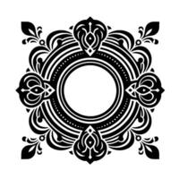 Intricate Black and White Geometric Ornament with Leafy Accents, Centered Round Frame, Symmetrical and Decorative . vector