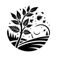 A monochrome illustration of autumn, featuring a tree with falling leaves, rolling hills, a crescent moon, and a coniferous forest, all enclosed in a circular frame. vector